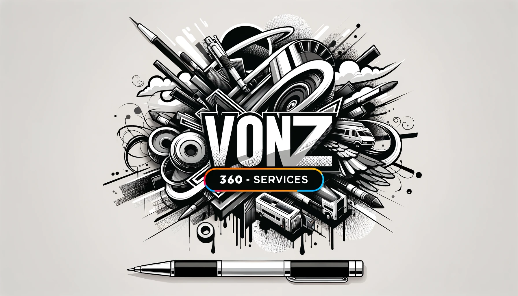 DALL·E 2024 05 21 02.03.13 Design a distinctive graffiti style image for Vonz360Services that combines professionalism with a bold pop of creativity. Utilize neutral colors lik