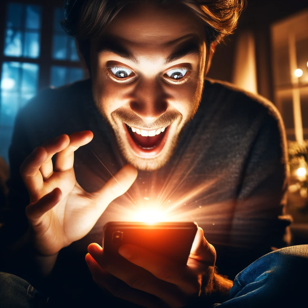 DALL·E 2024 06 12 20.55.10 A persons face lighting up with sheer joy as they discover incredible deals online. They are sitting in a cozy room illuminated by the soft glow of