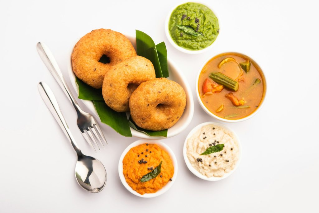 Medu Vada or sambar vada, a popular South Indian food served with different chutney