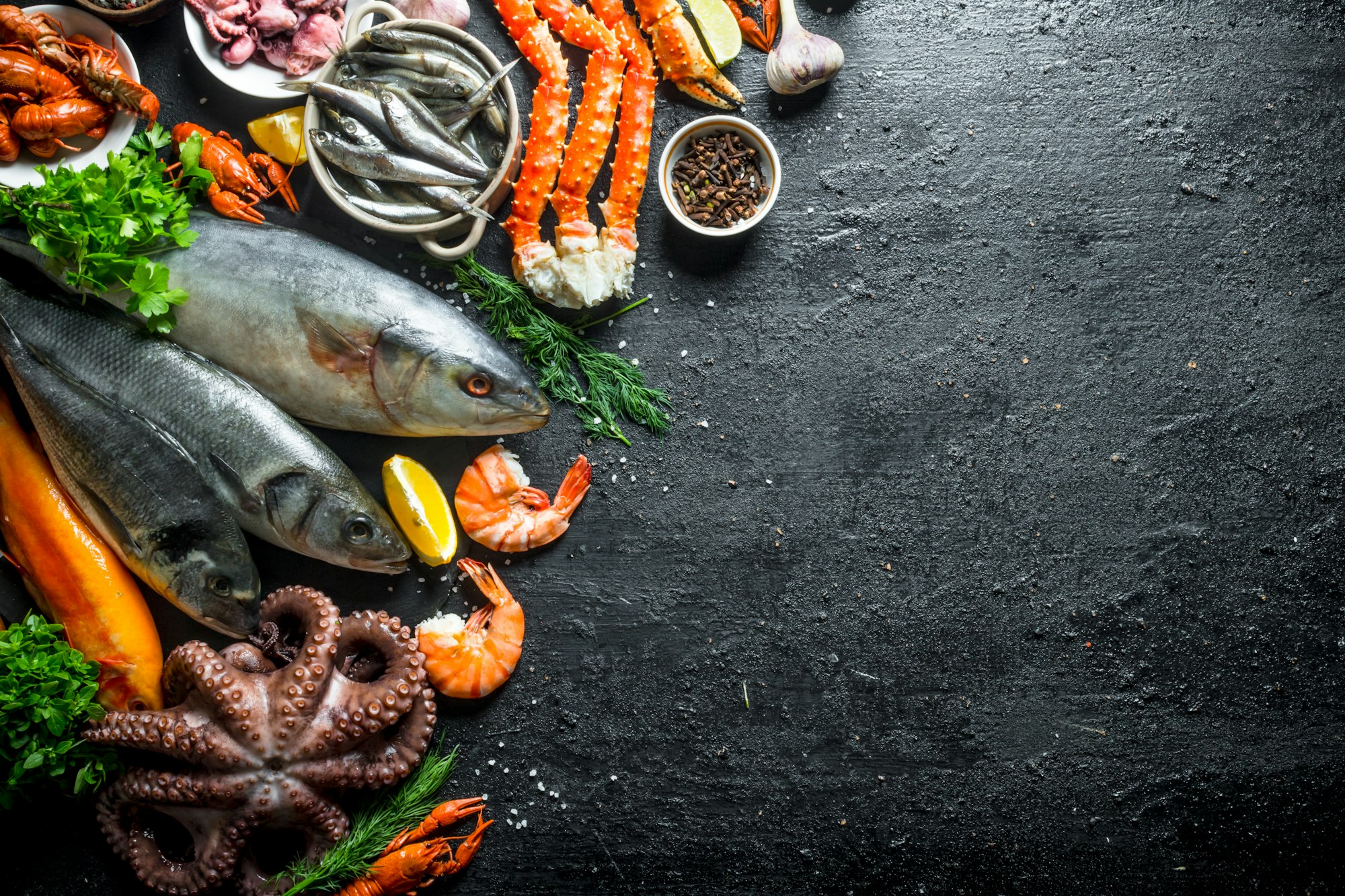 Variety of fresh seafood.