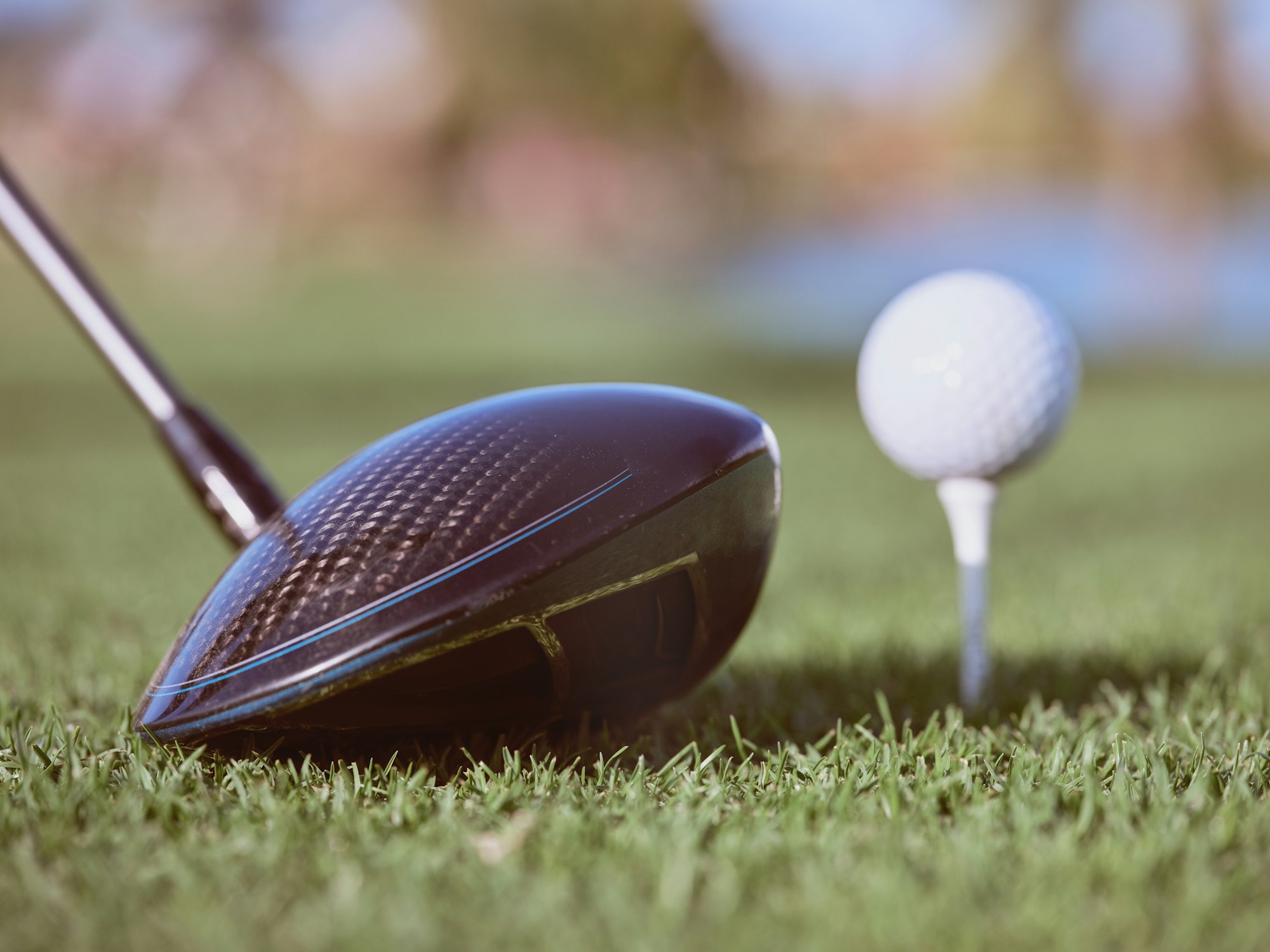 Golf club driver near ball on grass