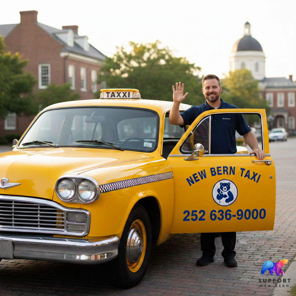 New Safeway Taxi vehicle parked in downtown New Bern NC, providing professional local transportation and airport shuttle services.