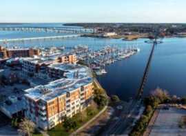An aerial view of the New Bern North Carolina waterfront apartments and marina