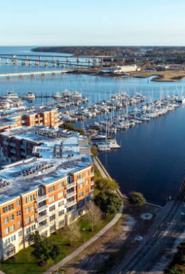 An aerial view of the New Bern North Carolina waterfront apartments and marina