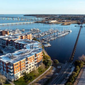 An aerial view of the New Bern North Carolina waterfront apartments and marina