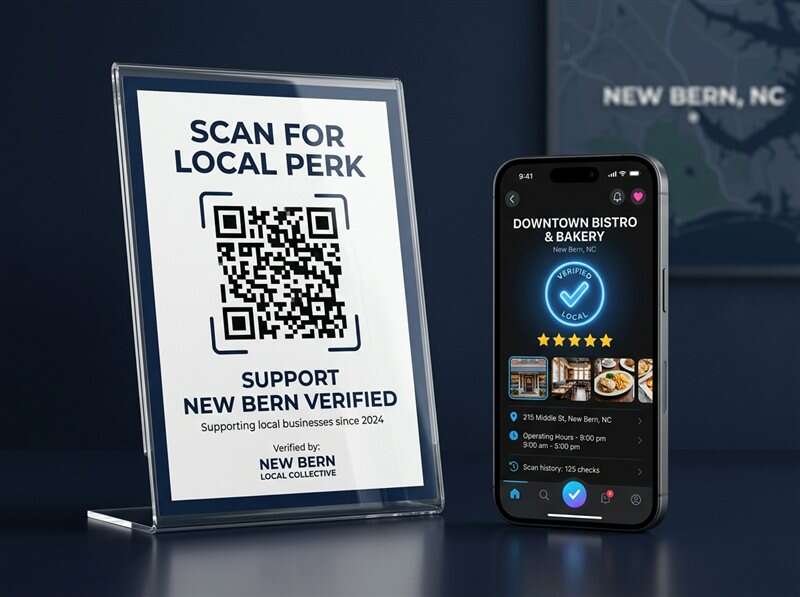 Support New Bern Local Marketing Kit Acrylic Stand and Verified Badge Mockup